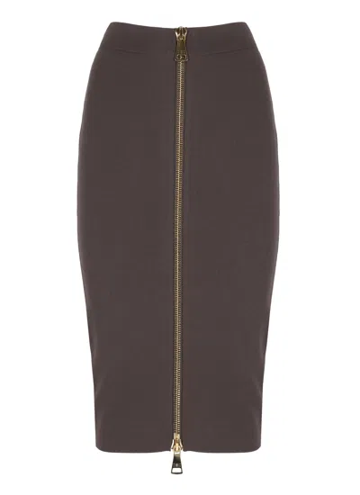 Elisabetta Franchi High-waisted Brown Midi Skirt With Maxi Gold Zip Closure
