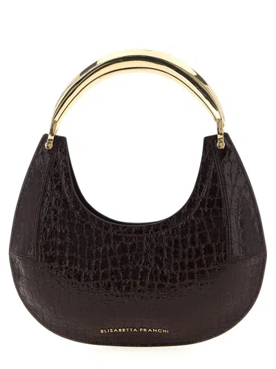 Elisabetta Franchi Small Hobo Crocodile-effect Metal-top-handle Shoulder Bag In Brown