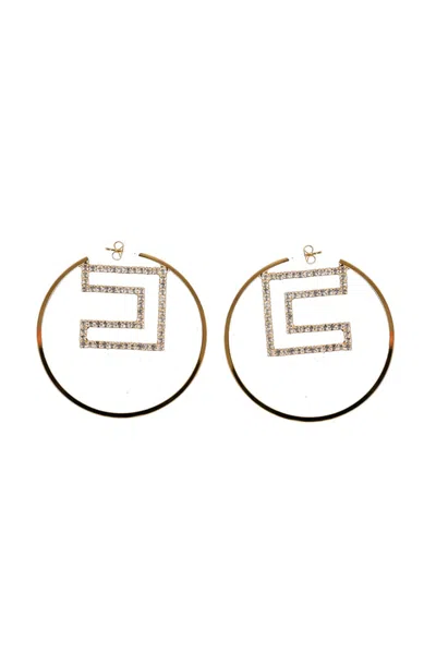 Elisabetta Franchi Hoop Earrings With Rhinestone Logo In Gold