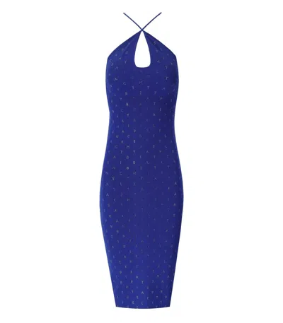 Elisabetta Franchi Indigo Blue Knitted Midi Dress With Rhinestones