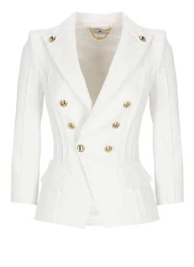 Elisabetta Franchi Ivory Double-breasted Logoed Blazer In White