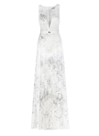 Elisabetta Franchi Ivory Dress With All-over Tulle In Beige