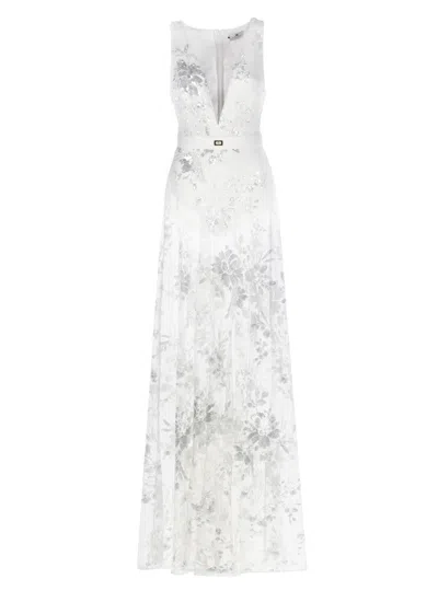 Elisabetta Franchi Ivory Dress With All-over Tulle