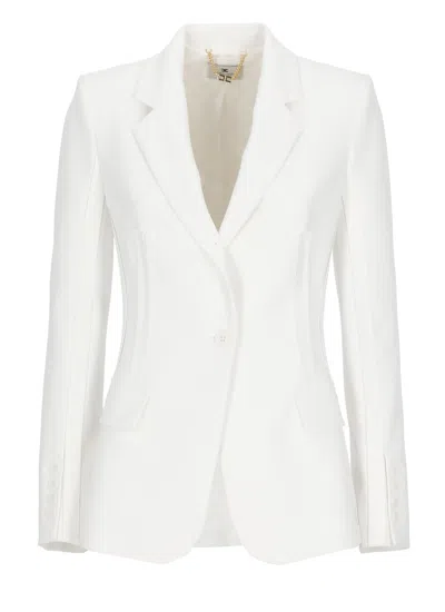 Elisabetta Franchi Ivory Embroidered Logo Flap Blazer In White