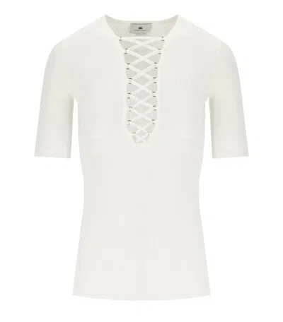 Elisabetta Franchi Ivory Lace-up V-neck Top With Ribbed Texture In Neutral