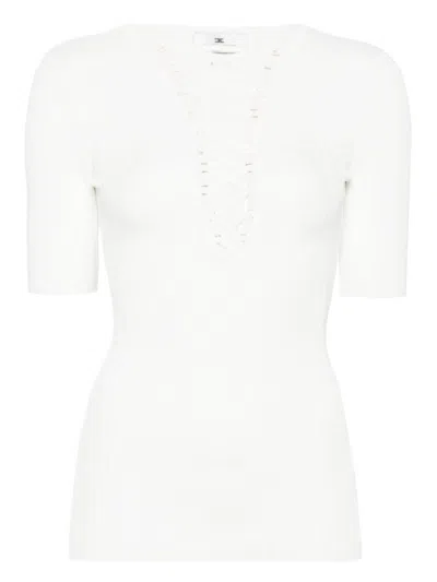 ELISABETTA FRANCHI ELISABETTA FRANCHI IVORY LACE-UP V-NECK TOP WITH RIBBED TEXTURE