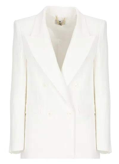 Elisabetta Franchi Ivory Linen Blend Blazer In Beige