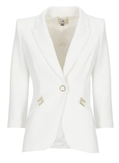 Elisabetta Franchi Ivory Peak Lapel Logoed Blazer In White