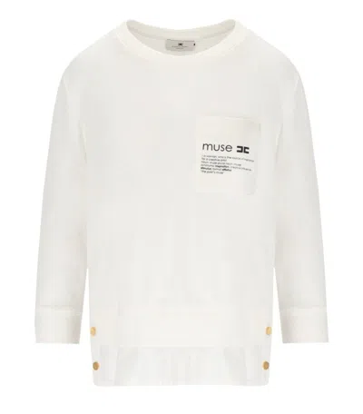 ELISABETTA FRANCHI IVORY SWEATSHIRT WITH POPLIN HEM AND LOGO DETAILS