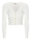 Elisabetta Franchi Cropped Ribbed Knit V-neck Cardigan In White