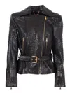 Elisabetta Franchi Textured Sheepskin Leather Jacket With Asymmetrical Zipper In Black