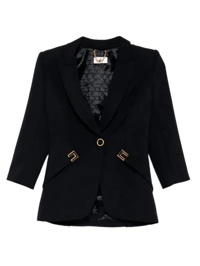 Elisabetta Franchi Black Single-breasted Jacket With Peak Revers And Two Front Flap Pockets With Logo Plaque In Tech Fa