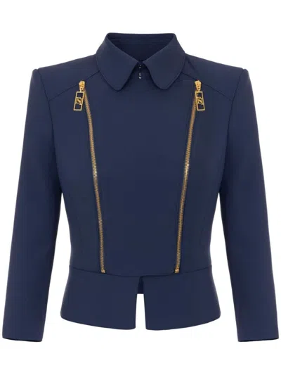 Elisabetta Franchi Structured Shoulder Jacket With Gold Zippers In Blue