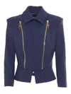 Elisabetta Franchi Structured Shoulder Jacket With Gold Zippers In Blue