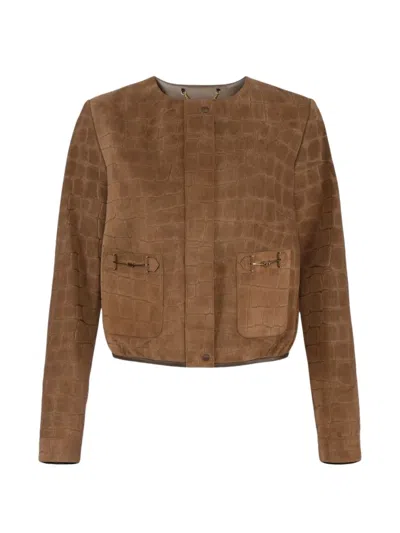 Elisabetta Franchi Jacket In Suede Fabric With Alligator Print In Brown