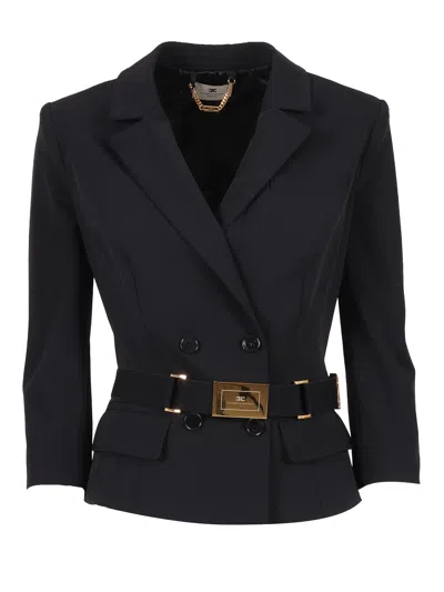 Elisabetta Franchi Jacket In Stretch Technical Fabric With Belt In Blue