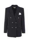 Elisabetta Franchi Black Double-breasted Jacket With Notched Revers In Wool Blend Woman In Blue