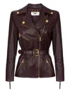 Elisabetta Franchi Fitted Leather Jacket With Belted Waist And Gold Hardware In Brown