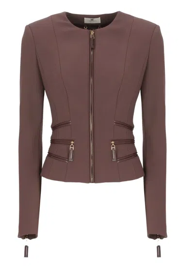 Elisabetta Franchi Structured Blazer With Front Zip And Long Sleeves In Brown