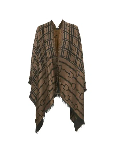 Pre-owned Elisabetta Franchi Jacquard Frayed Knit Cape In Brown
