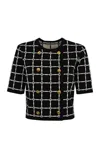 Elisabetta Franchi T-shirt With Geometric Pattern And Gold Buttons In Nero/burro