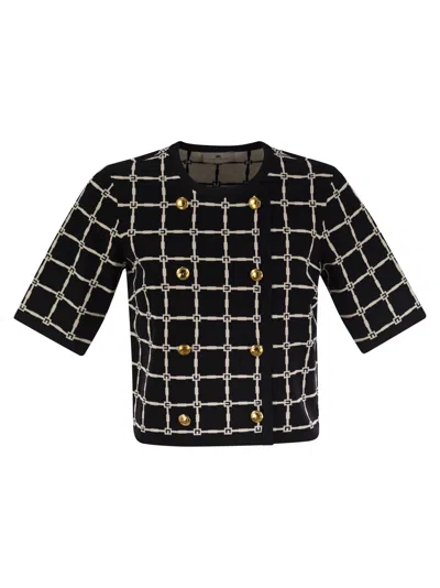 ELISABETTA FRANCHI ELISABETTA FRANCHI JACQUARD LOGO CARDIGAN WITH GOLD BUTTONS
