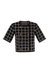 Elisabetta Franchi T-shirt With Geometric Pattern And Gold Buttons In Black/butter