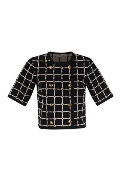 ELISABETTA FRANCHI ELISABETTA FRANCHI JACQUARD LOGO CARDIGAN WITH GOLD BUTTONS
