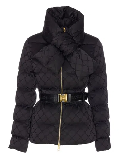 ELISABETTA FRANCHI JACQUARD SAIL FABRIC DOWN JACKET WITH BELT