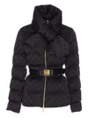Elisabetta Franchi Jacquard Sail Fabric Down Jacket With Belt Clothing In Black