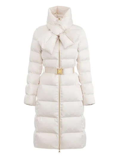 Elisabetta Franchi Jacquard Scarf-collar Down Coat In Neutral