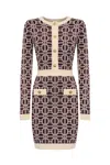 Elisabetta Franchi Logo-jacquard Long-sleeved Mini Dress In Rouge Noir/burro