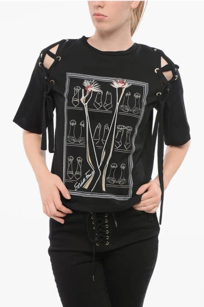 Elisabetta Franchi Jeans Printed T-shirt With Lace-up Detail In Black