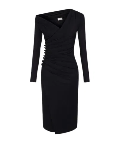 Elisabetta Franchi Midi Dress With Long Sleeves And Vent In Black