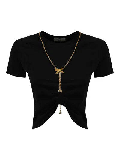 Elisabetta Franchi Jersey T-shirt With Bow Necklace In Black