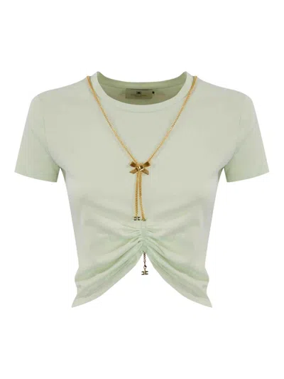 Elisabetta Franchi Jersey T-shirt With Bow Necklace In Green