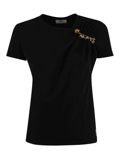 Elisabetta Franchi Jersey T-shirt With Jewel Brooch In Black