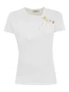 Elisabetta Franchi Asymmetric Neckline T-shirt With Gold Brooch Accents In White