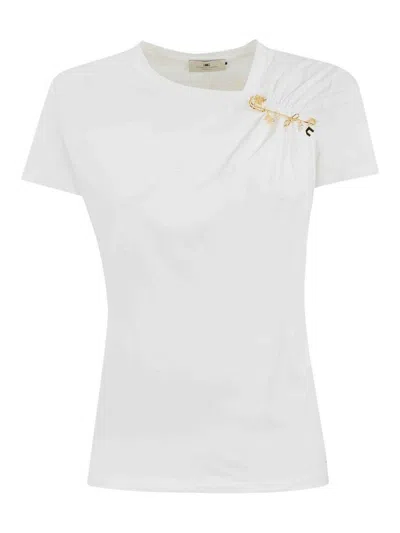 Elisabetta Franchi Jersey T-shirt With Jewel Brooch In White