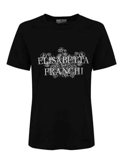 Elisabetta Franchi Jersey T-shirt With Logo Print And Embroidery In Black