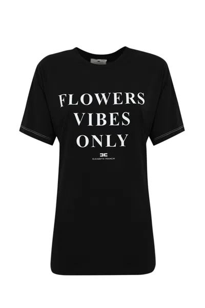 Elisabetta Franchi Jersey T-shirt With Print And Satin Bands In Black
