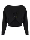 Elisabetta Franchi Crepe Jersey Fabric Top With Boat Neckline And Gold Metal Logo Detail In Black