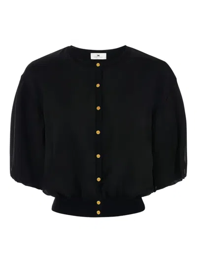 Elisabetta Franchi Jewel-button Puffed-sleeve Cardigan In Black