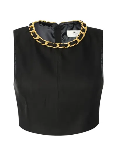 Elisabetta Franchi Linen Crop Top Chain Detail Sleeveless In Black