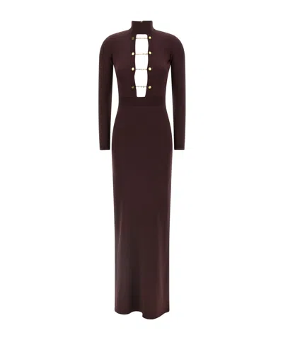 Elisabetta Franchi Jewel Cufflinks Knit Dress In Brown