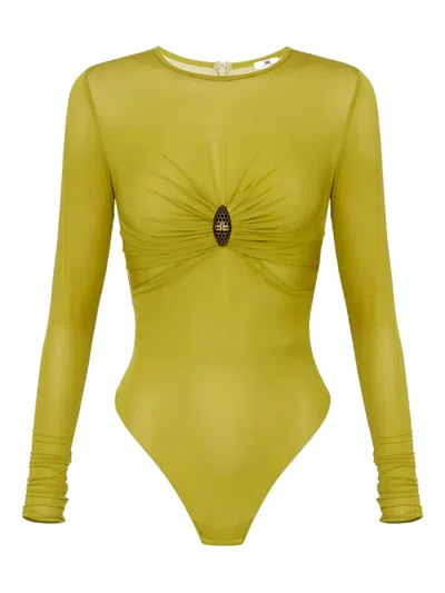 Elisabetta Franchi Jewel-detail Long-sleeve Bodysuit In Green