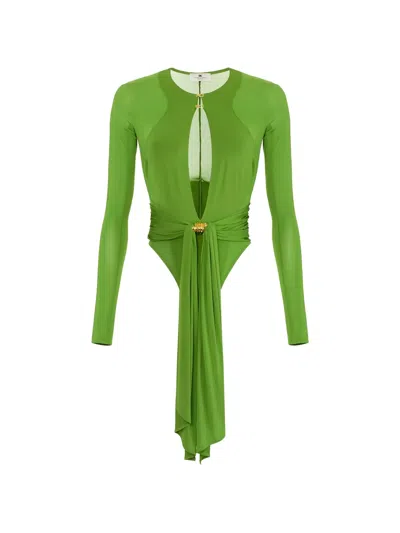 Elisabetta Franchi Jewel Draping Bodysuit In Green