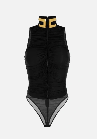 Elisabetta Franchi Bodysuit In Stretch Jersey Fabric With Jewel Collar In Black