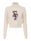 Elisabetta Franchi Chic Beige Long Neck Sweater With Burgundy Logo For Women In White