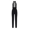 Elisabetta Franchi Black Jumpsuit With Embroidered Bodice And Halterneck In Tech Fabric Stretch Woman In Black